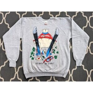 Vintage Skiing Polar Bear Sweatshirt Mens XL 1987 No Guts No Glory Gray Pullover